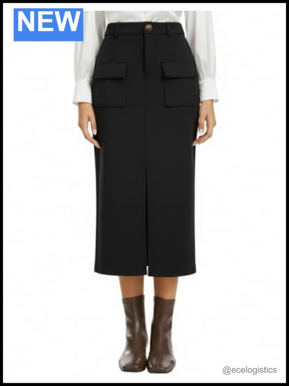 High Waist Midi Pencil Skirt with Cargo Pockets Front Slit Stretch Knit